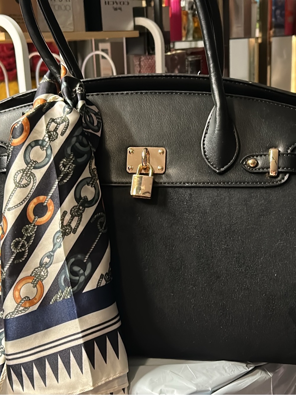 Black Women's Structured Satchel Handbag with Gold Hardware